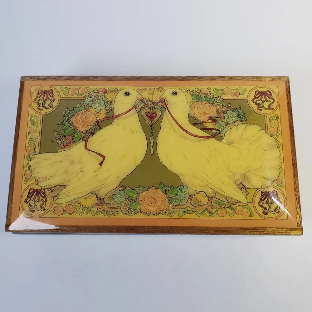 Vintage Reuge Swiss Musical Movement Lefton Jewelry Box Glossy Wood with Doves